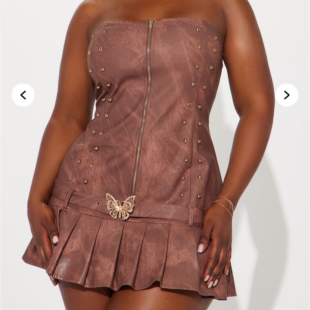 Brown Strapless Dress with Gold Studs